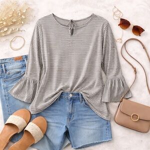 Wallpapher Gray White Striped Bell Sleeve Keyhole Top 2X